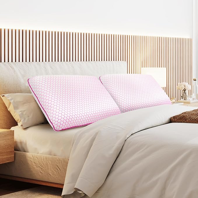 Memory Foam Pillows for Side, Back and Stomach Sleepers, Set of 2, Bed Pillow with Washable Cover and Breathable Mesh, Bed Pillow for Sleeping (Pink,Standard Size)