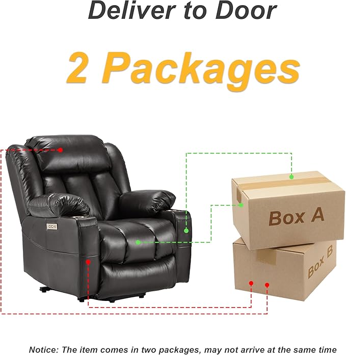 Power Lift Recliner Leather Chair Sofa with Massage & Heat, Lazy Boy Chair with Cup Holders, USB & Type-C Ports, Remote Control (Black)