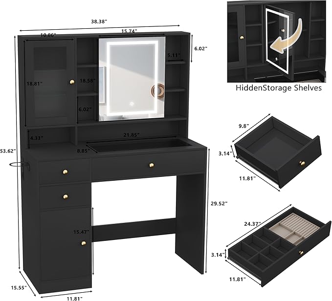 Makeup Vanity Desk with Mirror and Lights, Black Vanity with Glass Top, Jewelry Storage, Power Outlets, 3 Drawers & 2 Cabinets, Adjustable LED Lighting, Dressing Table for Women & Girls Bedroom