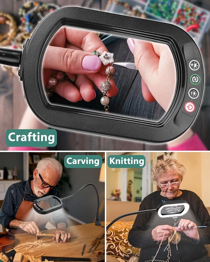 10X Rectangle Magnifying Glass with Light and Stand, 24" Flexible Gooseneck 3-in-1 Floor Lamp, 5 Color Modes Stepless Dimmable, LED Lighted Hands Free Magnifier for Reading Crafts Painting Close Work