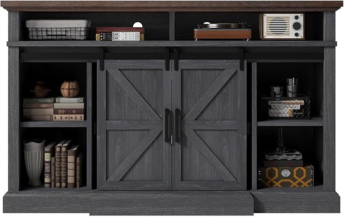 AMERLIFE 66" W Farmhouse TV Stand, Wood 40" H Tall Entertainment Center with Sliding Barn Door & Large Storage Shelves, Rustic Media Console for TVs up to 75", Dark Grey