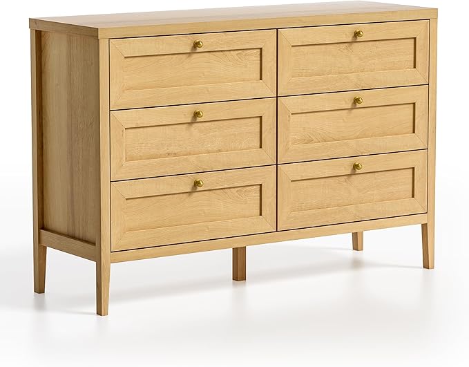 Mid Century Modern 6 Drawer Dresser for Bedroom 47" Wide Chest of Drawers Wooden Storage Dresser Organizer TV Stand for Living Room, Hallway, Natural Oak