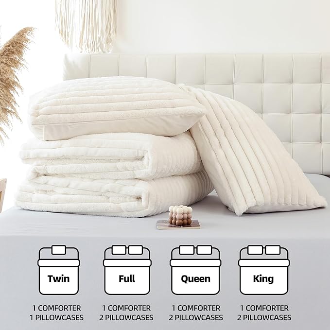 Smoofy Fluffy Queen Comforter Set 3 Pieces - Cream White Fleece Fluffy Comforter Set, Luxury Fuzzy Queen Bedding Set, Soft Warm Bed Set All Season, Heavy Faux Fur Comforter with 2 Pillow Cases