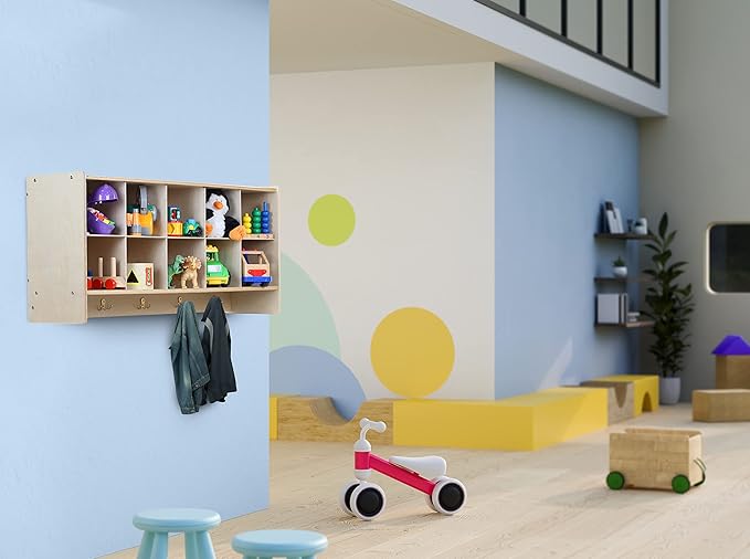 10 Section Storage Cabinet with Yellow Bins, 100% Birch Plywood Wall Mounted Storage Unit Preschool Cubbies for Classrooms and Toy Storage