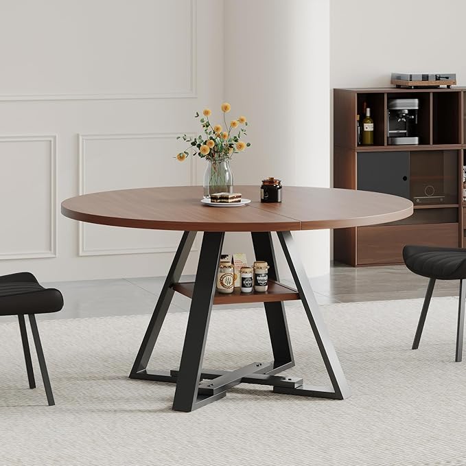 45.3" Walnut Round Dining Table Set with 2 Chairs – Mid-Century Modern Small-Space Kitchen & Dining Room Furniture for Apartment or Breakfast Nook (Boxwood – Storage Table + 2 Black Chairs)