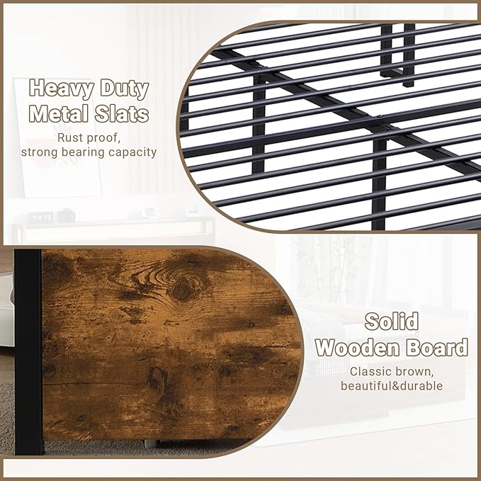 Full Bed Frame w/ 2 Storage Drawers, Full-Size Platform Bed Frame w/Headboard, Adjustable RGB LED Light, Charging Station, Full Metal Bed Frames No Spring Box Required, Brown