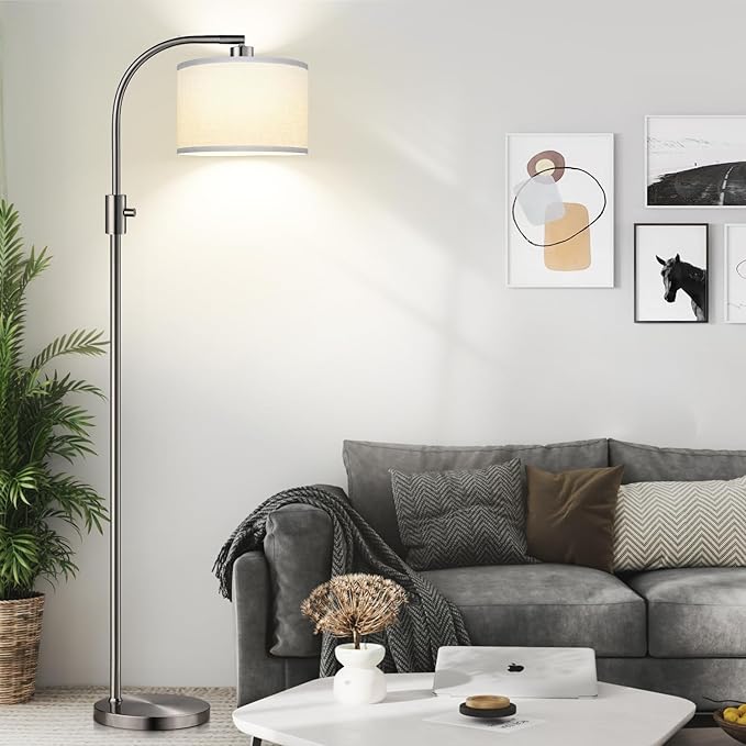 Nintiue Dimmable Floor Lamp, 1200 Lumens LED Edison Bulb Included, Arc Floor Lamps for Living Room Modern Standing Lamp with Linen Shade, F1599