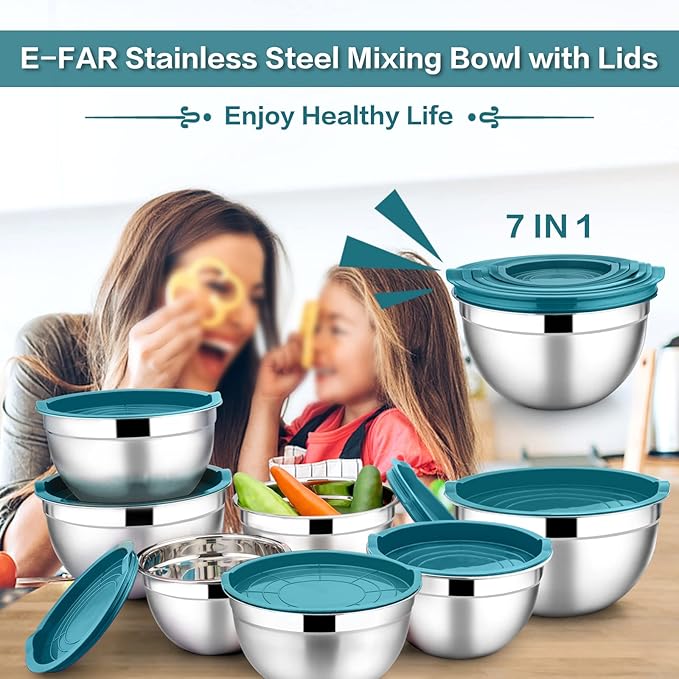 E-far Stainless Steel Mixing Bowls with Lids, 7-Piece Metal Nesting Bowls with Blue Airtight Lids for Saving Storage Space, Size 7, 4.6, 3, 2, 1.5, 1, 0.7QT, Great for Baking/Cooking/Prepping