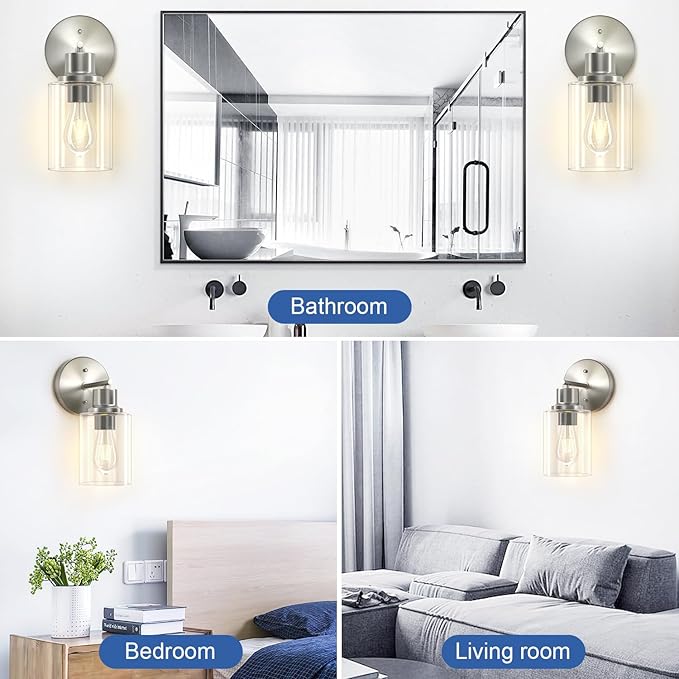 GORDNWE 1-Light Bathroom Wall Sconce, Brushed Nickel Vanity Light, Modern Wall Light Fixture with Clear Glass Shade and E26 Bulb Base, Wall Lamp Wall Mount Light Fixtures for Mirror, Bedroom, Hallway