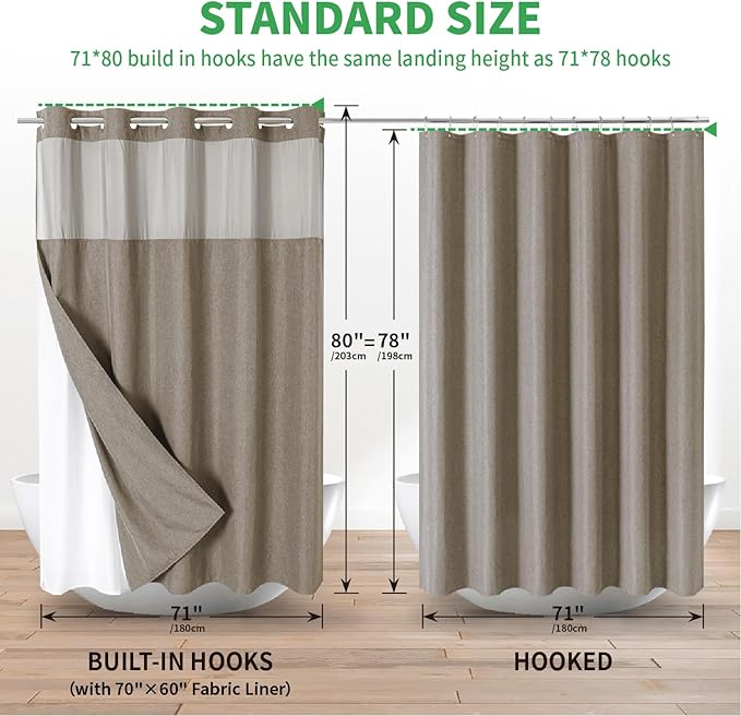 Long No Hooks Needed Linen Textured Shower Curtain with Snap-in Fabric Liner Set,Hotel Luxury Decor Shower Curtains for Bathroom,Waterproof & Washable,71Wx80H,Khaki/Tan