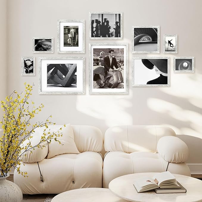 Egofine 11x14 Picture Frames Made of Solid Wood with Plexiglass, Display Pictures 5x7/8x10 with Mat or 11x14 Without Mat for Tabletop and Wall Mounting, Driftwood White