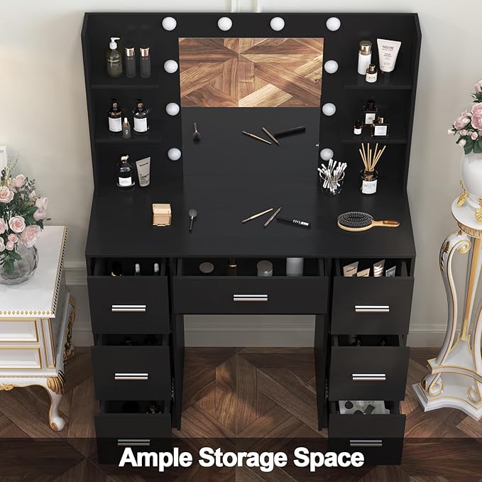 Vanity Desk with Mirror and Lights, Large Makeup Vanity Table Set with Drawers, Black Vanity with Lighted Mirror for Bedroom, Dressing Table for Teen Girls and Adult Women