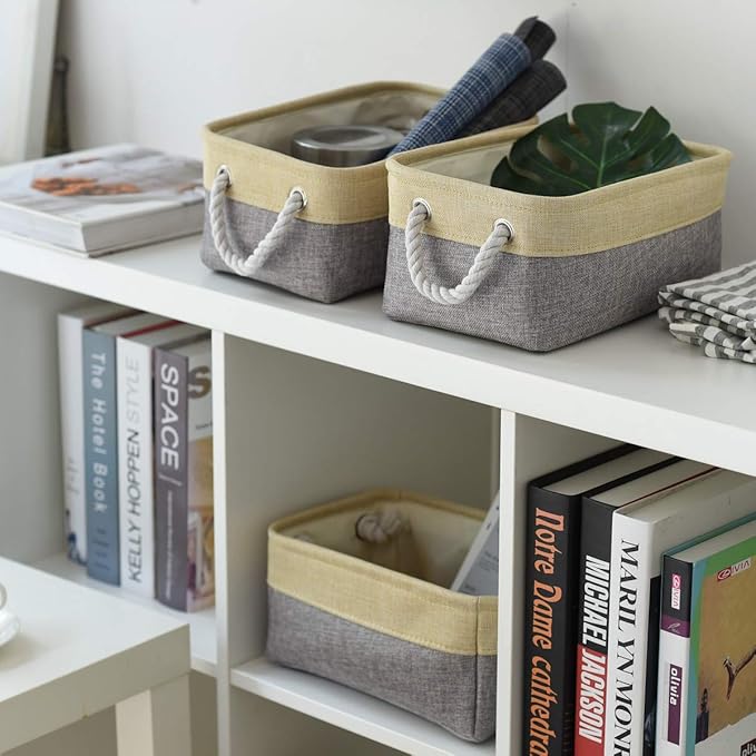 TheWarmHome Storage Bins for Organizing,Sturdy Storage Basket, Decorative Foldable Storage Baskets for Shelves Closet Toy (Gold&Grey Medium - 3 Pack 13.8L×9.8W×6.7H inch)