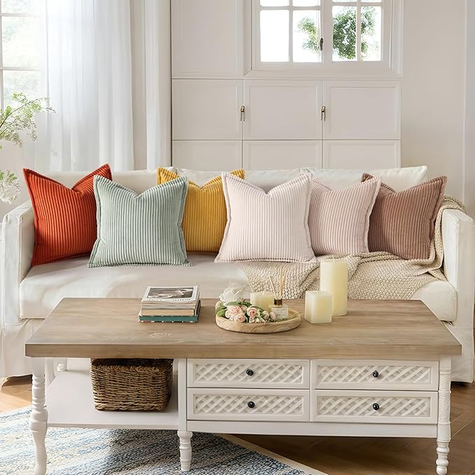 Mecatny Corduroy Fall Throw Pillow Covers 22x22 Set of 2, Neutral Decorative Soft Burnt Orange Boho Couch Pillow Covers with Broadside for Sofa Living Room, Rust