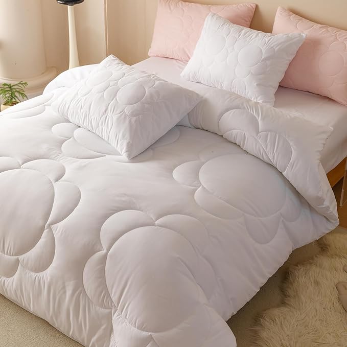 CLOTHKNOW White Twin/Twin XL Comforter Set Daisy Puff Pattern Bedding Comforter Sets Soft Boho Comforter White Comforters with 2 x Pillow Cases