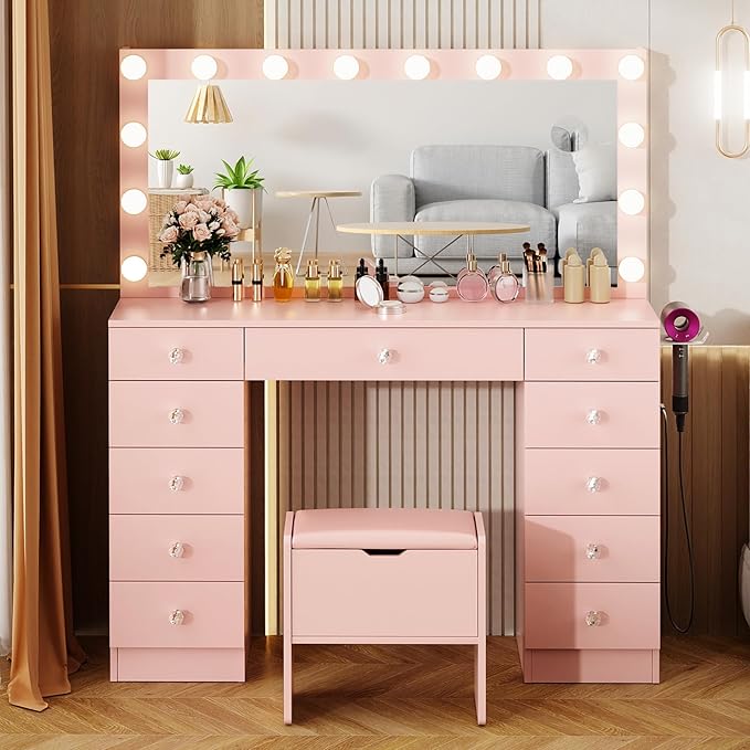 VOWNER Vanity with Lighted Mirror - Makeup Vanity Desk with 11 Drawers and Outlet, 3 Color Lighting Modes Adjustable Brightness, 46" Vanity Table with Soft Cushioned Stool for Bedroom, Pink