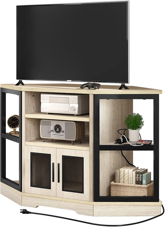 YITAHOME Corner TV Stand for TVs up to 55/50 Inch with Power Outlet, Modern Farmhouse Entertainment Center, Wood TV Media Console with Storage Cabinets Shelves for Living Room, White Oak