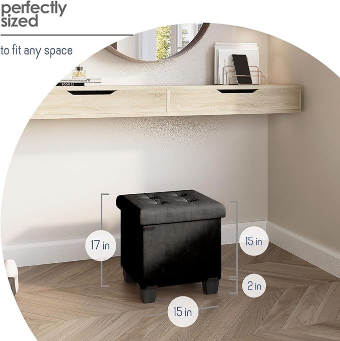 STORAGEBUD Storage Ottoman Cube with Small Bin, 15-in Square Ottoman with Storage for Living Room and Bedroom, Small Ottomans Foot Rest, Velvet Foot Stools Ottomans Max 330lbs, Black
