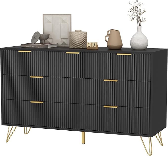 Black Dresser for Bedroom, 7 Drawers Dresser with Golden Handles, Modern Wood Chest for Living Room, Hallway, Entryway