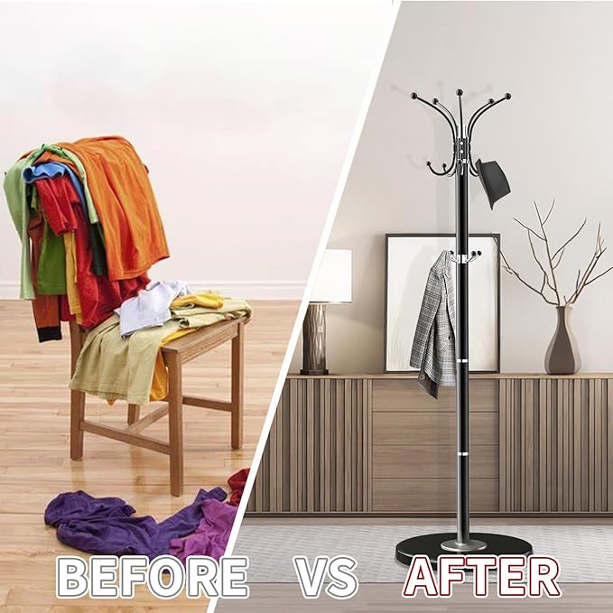 Coat Rack with Natural Marble Base, Metal Freestanding Coat Racks with 14 Hooks, 360°Rotary Coat Rack Stand for Hanging Scarf, Bag, Jacket, Black Coat Tree Hanger Holder Stand