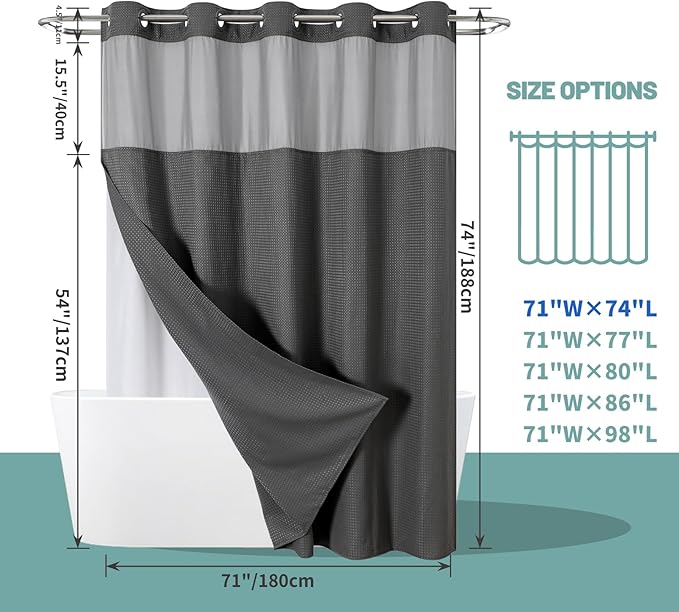 Charcoal Grey No Hook Waffle Weave Shower Curtain with snap-in Liner Replacement, 230GSM Waterproof Fabric Hotel Shower Curtain Set for Bathroom, Through Mesh Top Window,71Wx74H