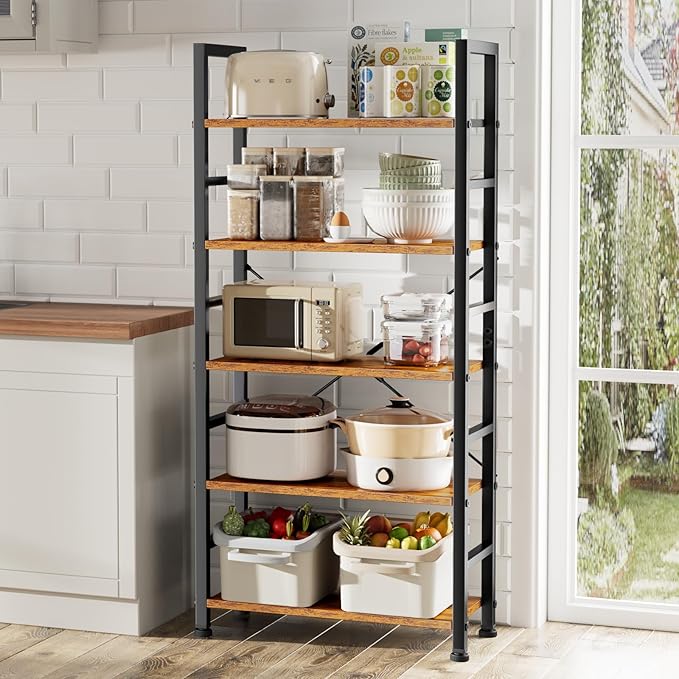 Sweetcrispy Book Shelf, 5 Tier Bookcase, Modern Tall Bookshelf Corner Storage Organizer for Garage Kit, CDs, Movies Suitable Home Office Bedroom, Kitchen, Living Room - Brown