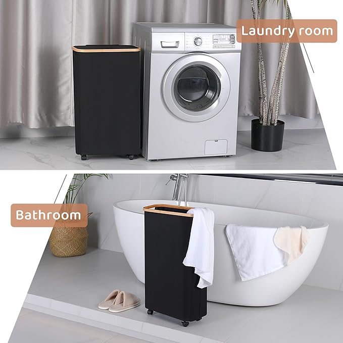 Slim Laundry Hamper with Wheels,Narrow Hampers for Laundry,Freestanding Laundry Basket with Lid&Bamboo Handles,Collapsible & Waterproof Tall Cloth Hamper for Dorm Family(60L,Black)