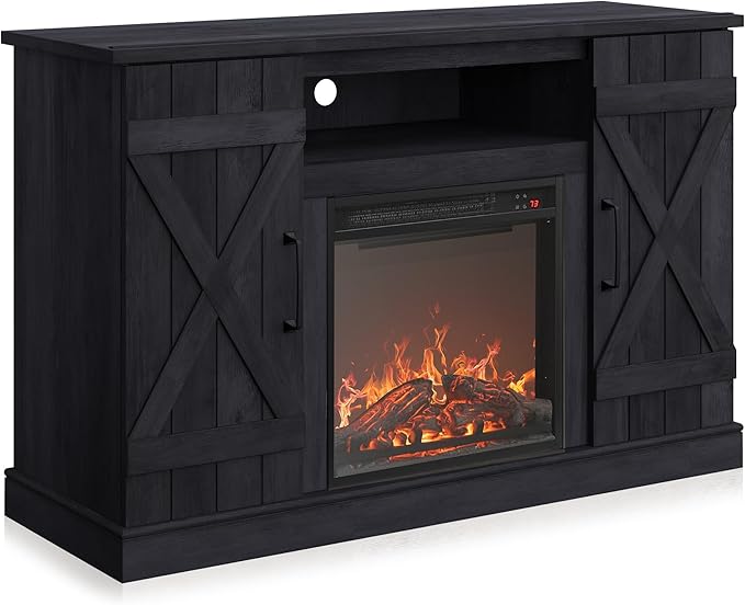 BELLEZE 47" TV Stand with 18" Electric Fireplace Heater & Media Entertainment Center Console Table for TV up to 50" with Open Storage Shelves & Cabinets - Veropeso (Rustic Grey)