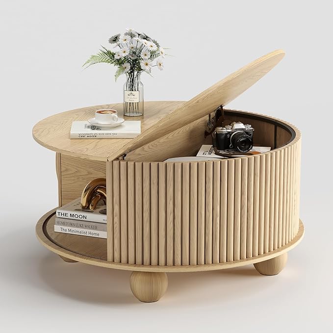 Round Coffee Table with Storage, 31.5" Mid-Century Modern Center Table with Sliding Door, Fluted Lift Up Coffee Table with Bun Feet, Wood Coffee Tables for Living Room, Home Small Space, Oak