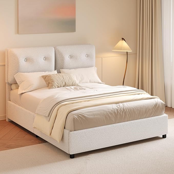 Queen Bed Frames,Breathable Boucle Fabric Upholstered Bed Frame with Headboard,Removable and Washable,Wood Slat Support,No Box Spring Needed,Easy Assembly,White