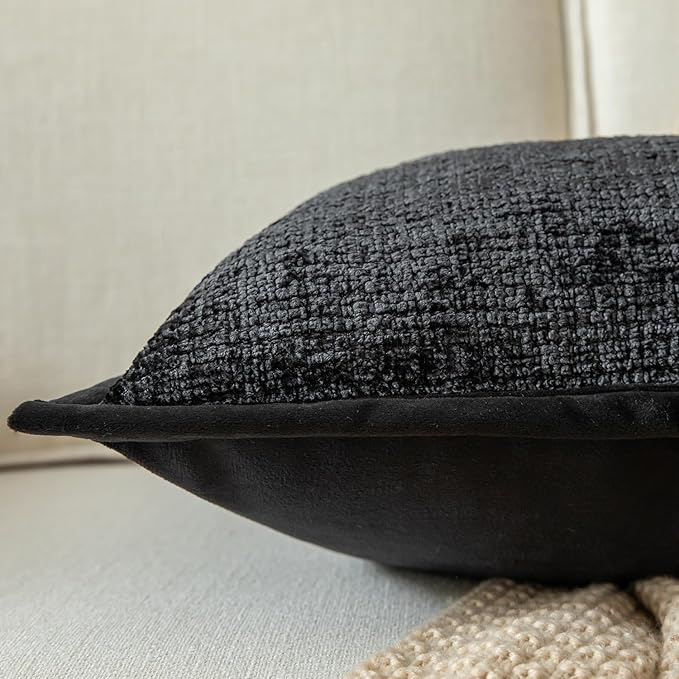 Yaertun Pack of 2 Chenille Textured Decorative Throw Pillow Covers Accent Solid Cushion Cover Soft Cozy Pillow Case with Velvet Back for Couch Sofa Bed Living Room 18x18 Inch Black