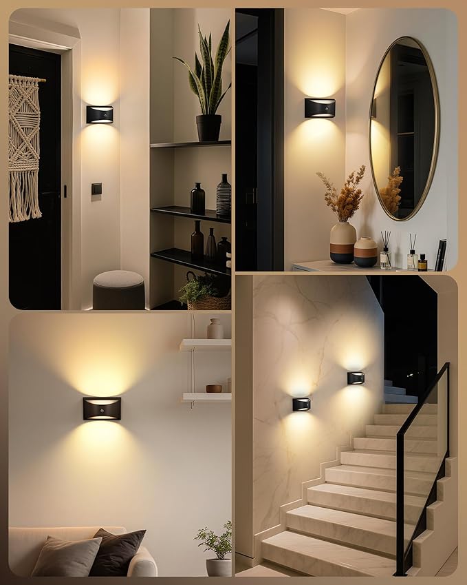 Brightown Magnetic Wall Sconces Set of Two, Rechargeable Battery Powered Wall Sconce with Remote Control, 3 Colors Wireless Up and Down Wall Mount Light for Hallway Bedroom Bedside Living Room (Black)