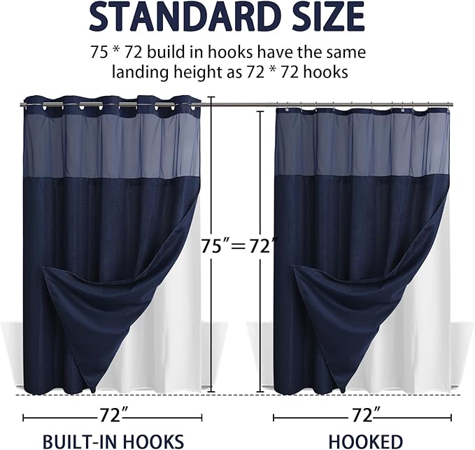 YellyHommy No Hook Shower Curtain with Snap in Liner Set Less Time Navy Blue Waffle Shower Curtain for Bathroom 75" L x 72" W