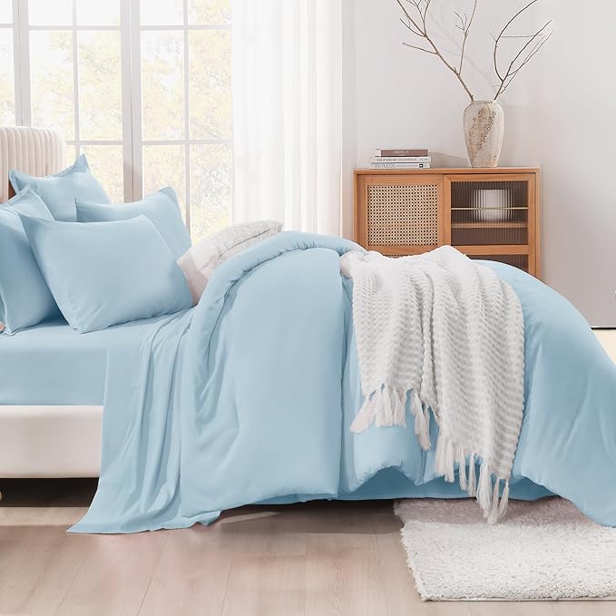 Litanika Comforter California King Size Set Light Blue - 7 Pieces Bed in a Bag California King Bedding Comforter Sets, Plain Lightweight Bed Set with Comforter, Sheets, Pillowcases & Shams