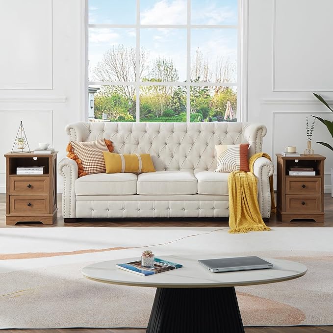 Farmhouse 2 Drawers Dresser for Bedroom, Rustic Small Chest of Drawers with Charging Station, Wood End Table with Open Shelf, Modern Nightstand for Bedroom, Living Room, Entryway, Natural Oak