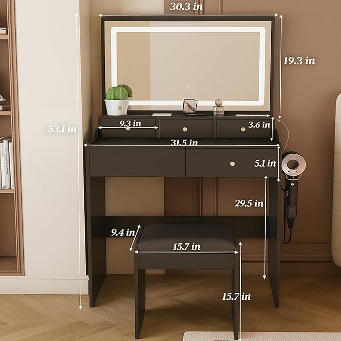 Small Makeup Vanity Desk with Full Size Mirror and Lights, 31" Compact Black Dressing Table with Chair, 5 Storage Drawers, Power Outlet & Hair Dryer Holder for Small Space, Dorm, Bedroom