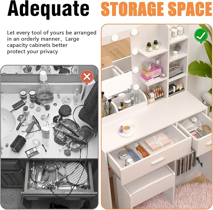 Vanity Desk with Mirror and Lights, Makeup Vanity Desk with Lights 3 Colors,Dressing Table with 10 Bulbs Light, Power Outlet & 2 Drawers and Vanity Stool, for Bedroom Dressing Room (White)