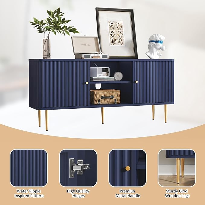 ARTPOWER 55” Fluted TV Stand, Mid Century Modern Blue TV Stand for 55/60/65 inch TV, Entertainment Center with Storage, Television Stands, TV Console, Media Console for Living Room, Bedroom (Blue)