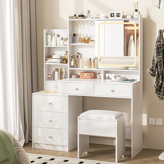 Vabches Makeup Vanity with LED Lights Mirror and Charging Station, Vanity Desk with Multiple Shelves and Drawers, Makeup Desk with Stool, Dressing Desk with 3 LED Light Models for Bedroom, White