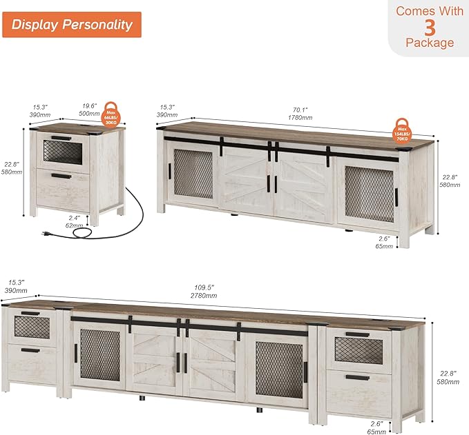 WAMPAT TV Stand Set for 85 inch TV with Charging Station, 3 in 1 Wood Entertainment Center TV Console Table for Living Room, Antique Oak