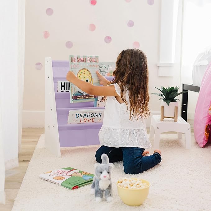 Wildkin Wooden Sling Bookshelf for Kids – Premium Canvas Design with 4 Fabric Shelves, Organizer for Home or Classroom - White w/Lilac