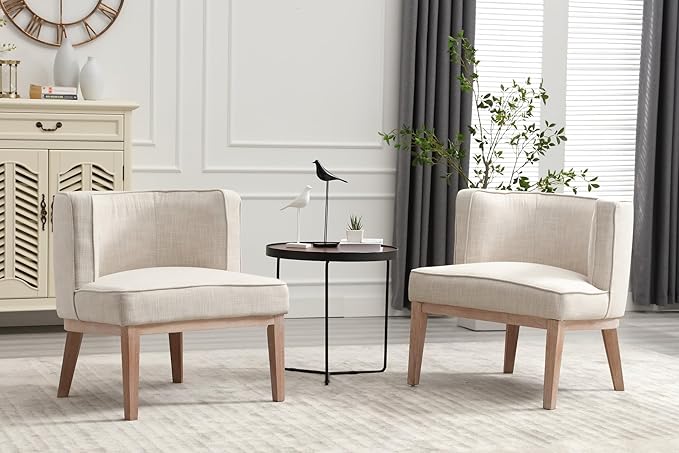 Arm Accent Chair Barrel Accent Chair with Wood Legs, Comfy Barrel Side Chair Linen Upholstered Reading Chairs with Back for Living Room Bedroom, Living Room Chair, Beige