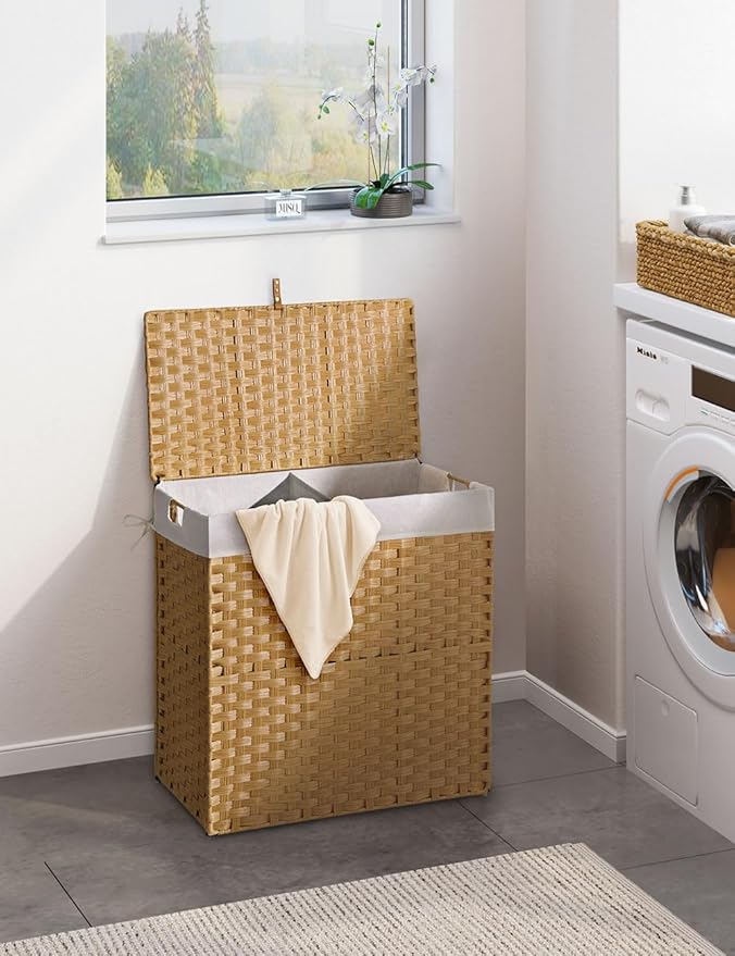 Greenstell Laundry Hamper No Install Needed, Divided Clothes Hamper with 2 Removable Liner Bags, 90L Handwoven Synthetic Rattan Laundry Basket with Lid and Handles, Foldable Natural