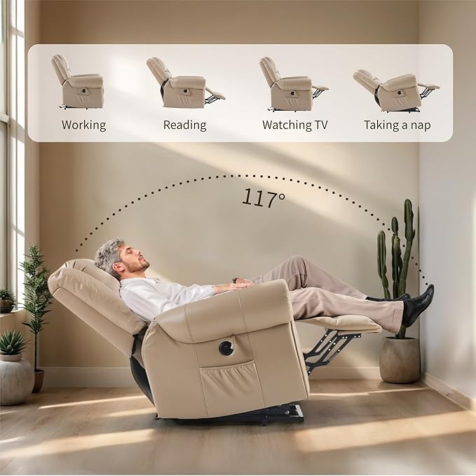 FLEXISPOT Power Lift Recliner Chair for Elderly with Massage & Heat, Faux Leather Electric Reclining Chair for Seniors with USB Ports, Cup Holders & Side Pockets(Medium Size,Light Brown