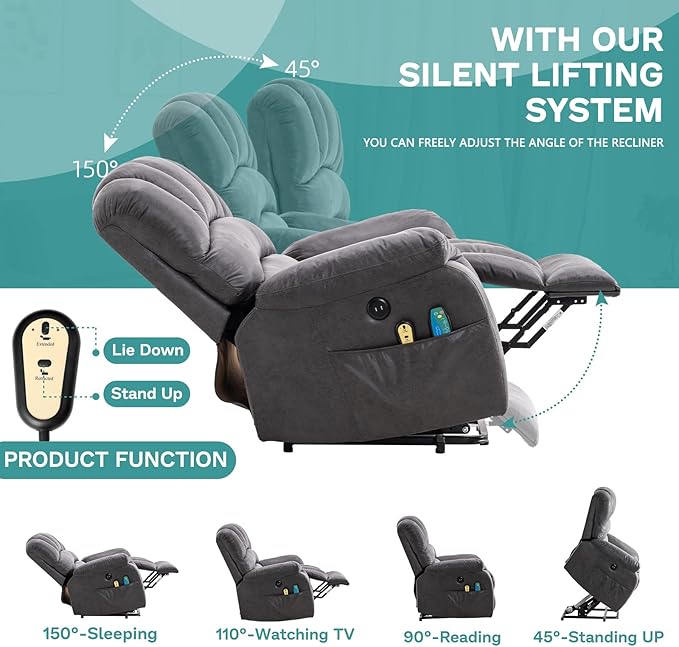 MEETWARM Large Power Lift Electric Recliner Chair with Massage and Heat, Overstuffed Wide Recliner with 2 Remote Controls for Elderly Big People, Heavy Duty Recliners, USB Ports, Side Pockets(Gray)