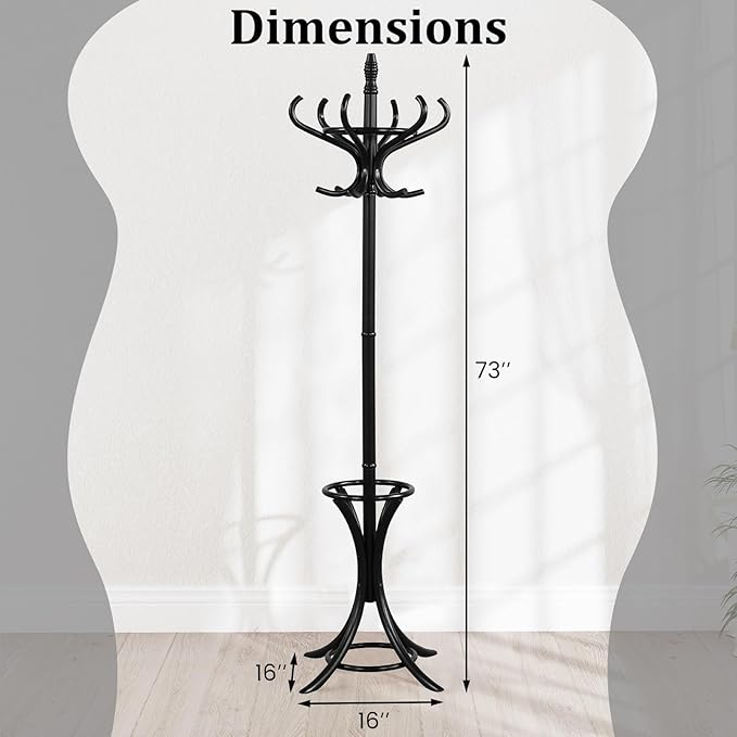 Tangkula Coat Rack with Umbrella Holder, 73 Inch Freestanding Coat Hanger Stand with 12 Hooks, Wooden Entryway Coat Tree for Clothes, Bags, Hats, Scarves, Living Room, Bedroom, Hallway (Black)