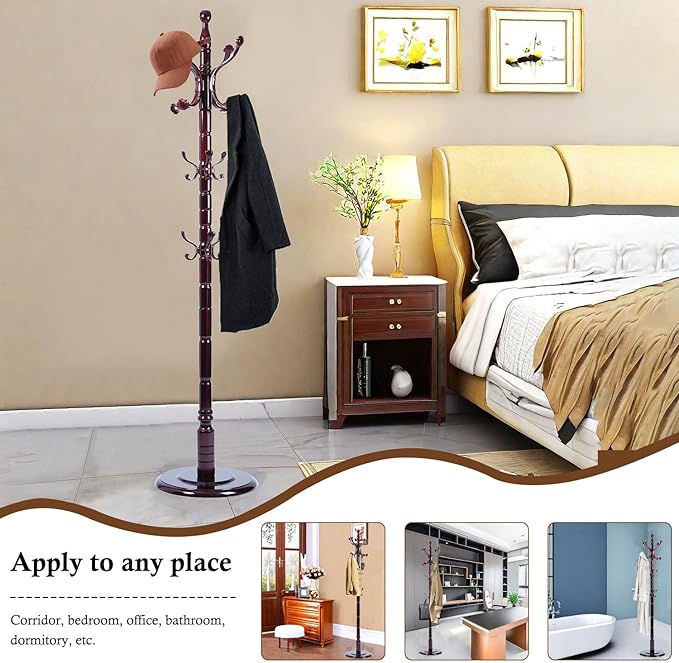 Coat Rack Stand, Solid Wooden Coat Tree with 14 Hooks, Heavy Duty Coat Rack Freestanding with Sturdy Round Base, Natural Birch Wood Coat Hanger Stand for Entryway Bedroom (Ruyi)