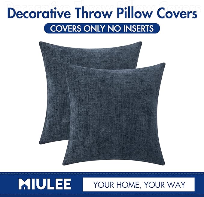 MIULEE Pack of 2 Couch Throw Pillow Covers 18x18 Inch Soft Navy Blue Chenille Pillow Covers for Sofa Living Room Solid Dyed Pillow Cases