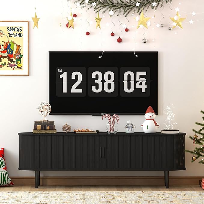 Bonzy Home Mid Century Modern TV Stand, Fluted Entertainment Center with Storage, Long Media Console TV Table for 65" 70" 75" TV, Black