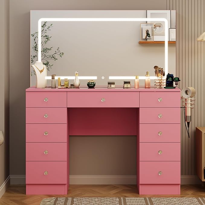 Vanity Mirror with Lights, Vanity with Lighted Mirror, 11 Drawers Makeup Vanity Desk with 3 Lighting Modes Adjustable Brightness, Pink Vanity with Glass Top for Bedroom
